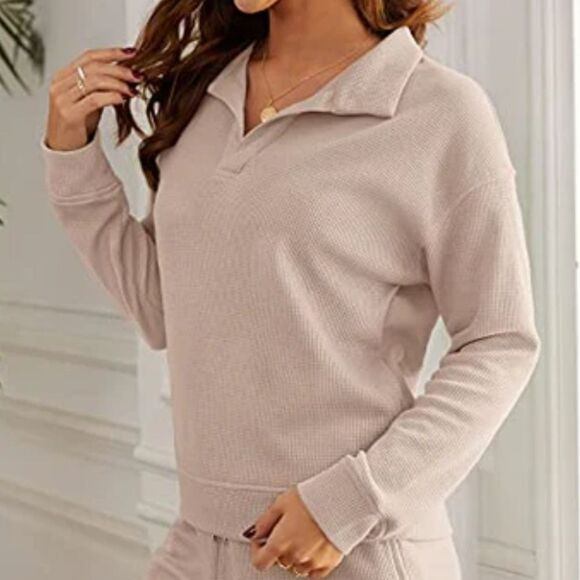 Merokeety Waffle Knit V-neck Collared Relaxed Fit Cropped Sweatshirt, L - Picture 4 of 10